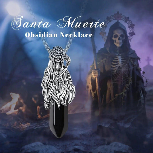 925 Silver Obsidian Grim Reaper Necromancer Skeleton Skull Necklace - Holy Death Scythe Mexican Pendant Gothic Jewelry Halloween Gift-MoonChildWorld