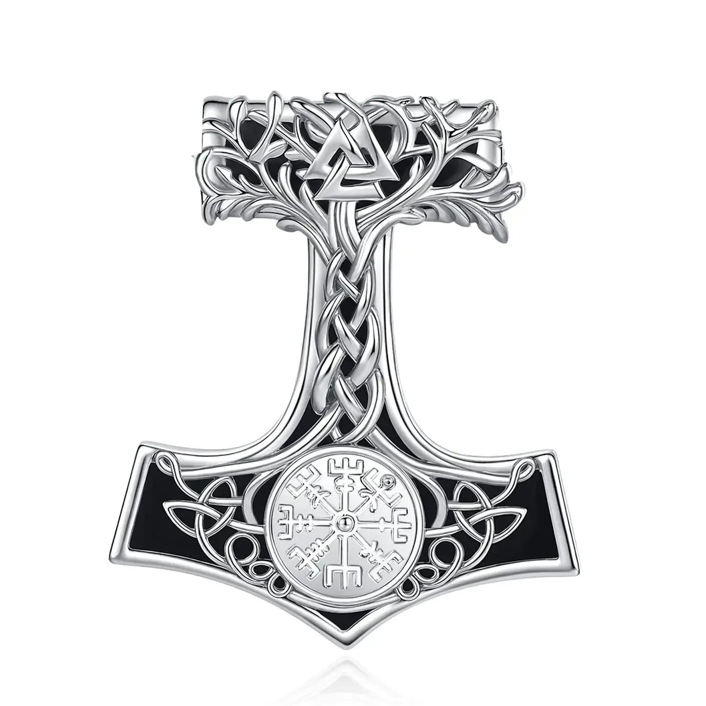 925 Silver Obsidian Mjolnir Thors Hammer Necklace Viking Compass Yggdrasil Pendant Tree of Life Pagan Jewelry-MoonChildWorld