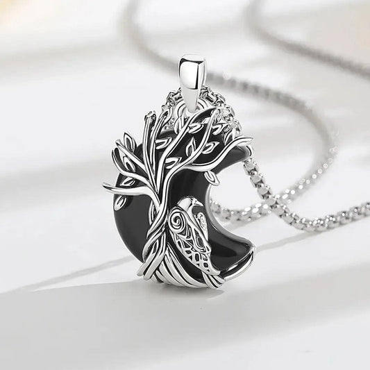925 Silver Obsidian Tree of Life Raven Necklace - Witchy Crow Healing Stone Pendant Spiritual Pagan Jewelry-MoonChildWorld