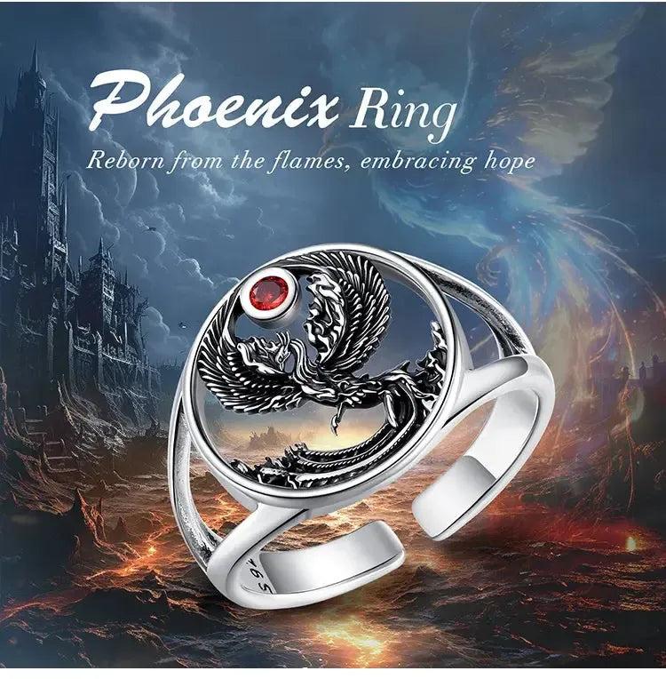925 Silver Phoenix Adjustable Ring Red Crystal Phoenix Ring Spiritual Jewelry-MoonChildWorld
