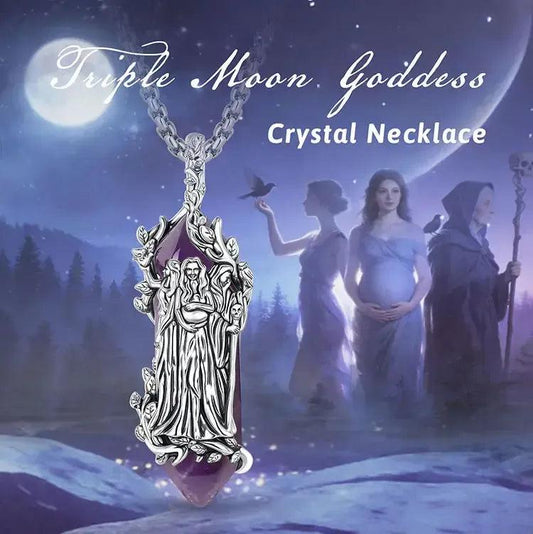 925 Silver Triple Moon Goddess Necklace Natural Amethyst & Obsidian Hecate Goddess Pendant Wicca Pagan Jewelry-MoonChildWorld