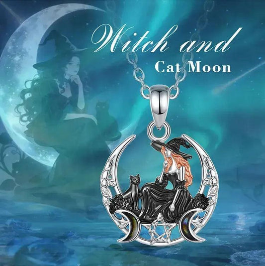 925 Sterling Silver Crescent Moon Witch Black Cat Necklace - Wicca Pentagram Triple Moon Pendant Witch Jewelry-MoonChildWorld