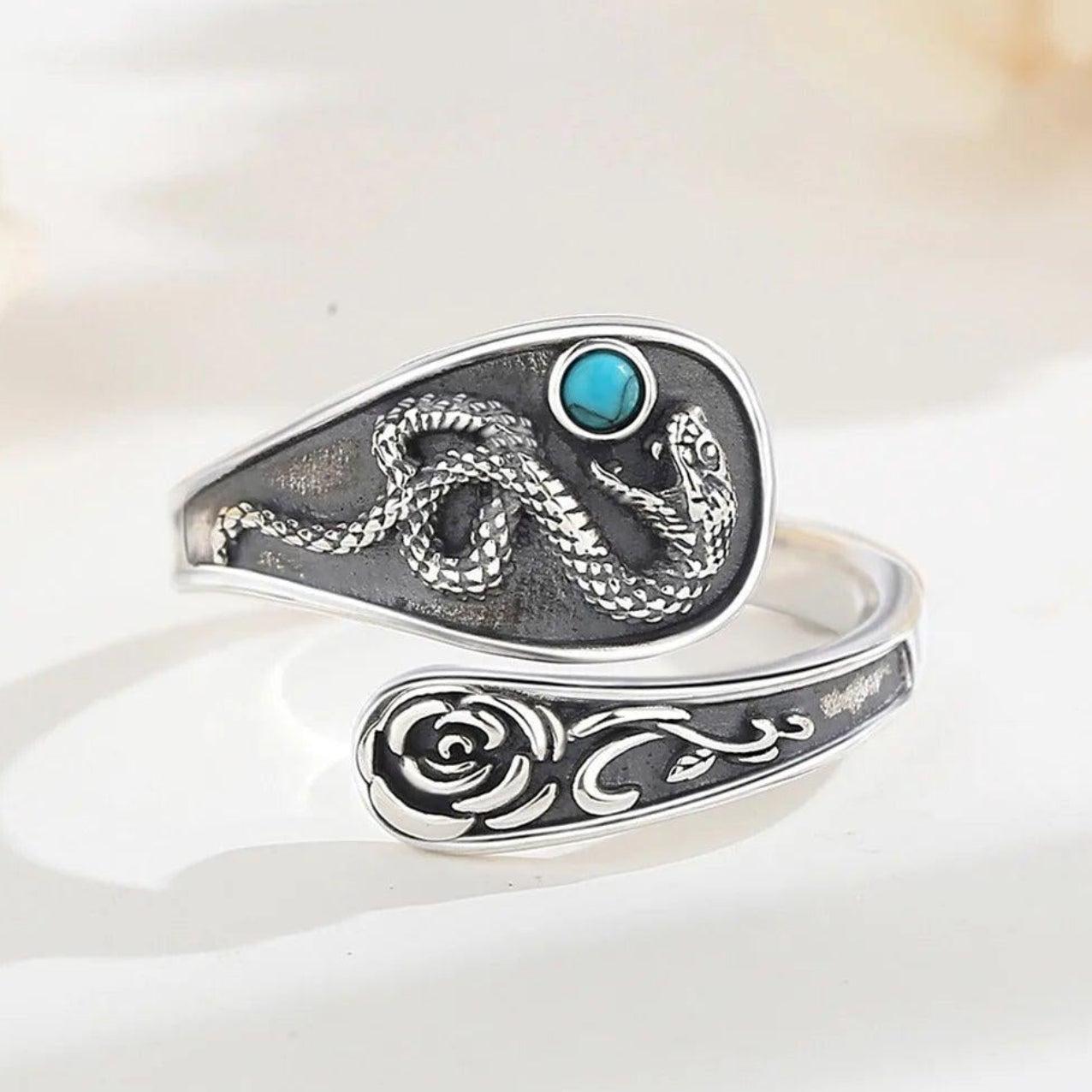 925 Sterling Silver Gothic Snake Ring - Witchy Turquoise Adjustable Ring Witch Jewelry-MoonChildWorld