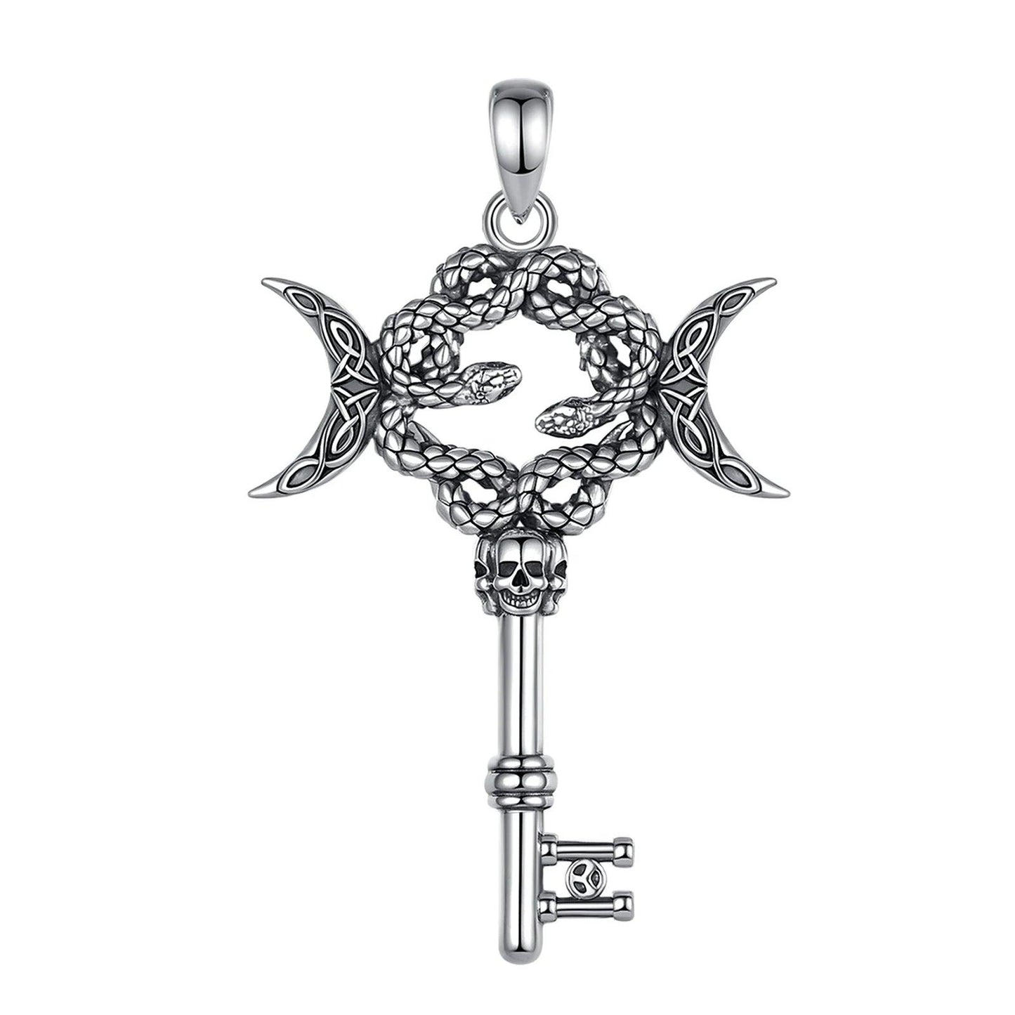 925 Sterling Silver Hecate Snake Key Necklace Triple Moon Pendant Witch Amulet Spiritual Jewelry-MoonChildWorld
