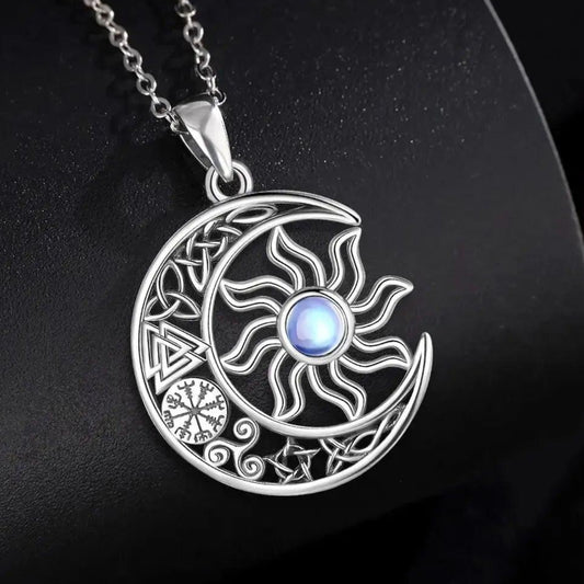925 Sterling Silver Moonstone Viking Sun and Moon Necklace with Pagan Celtic Knot Symbols Wiccan Jewelry-MoonChildWorld
