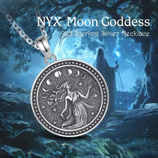 925 Sterling Silver NYX Moon Goddess Pendant Necklace Wicca Pagan Jewelry Spiritual Protection Amulet Necklace-MoonChildWorld
