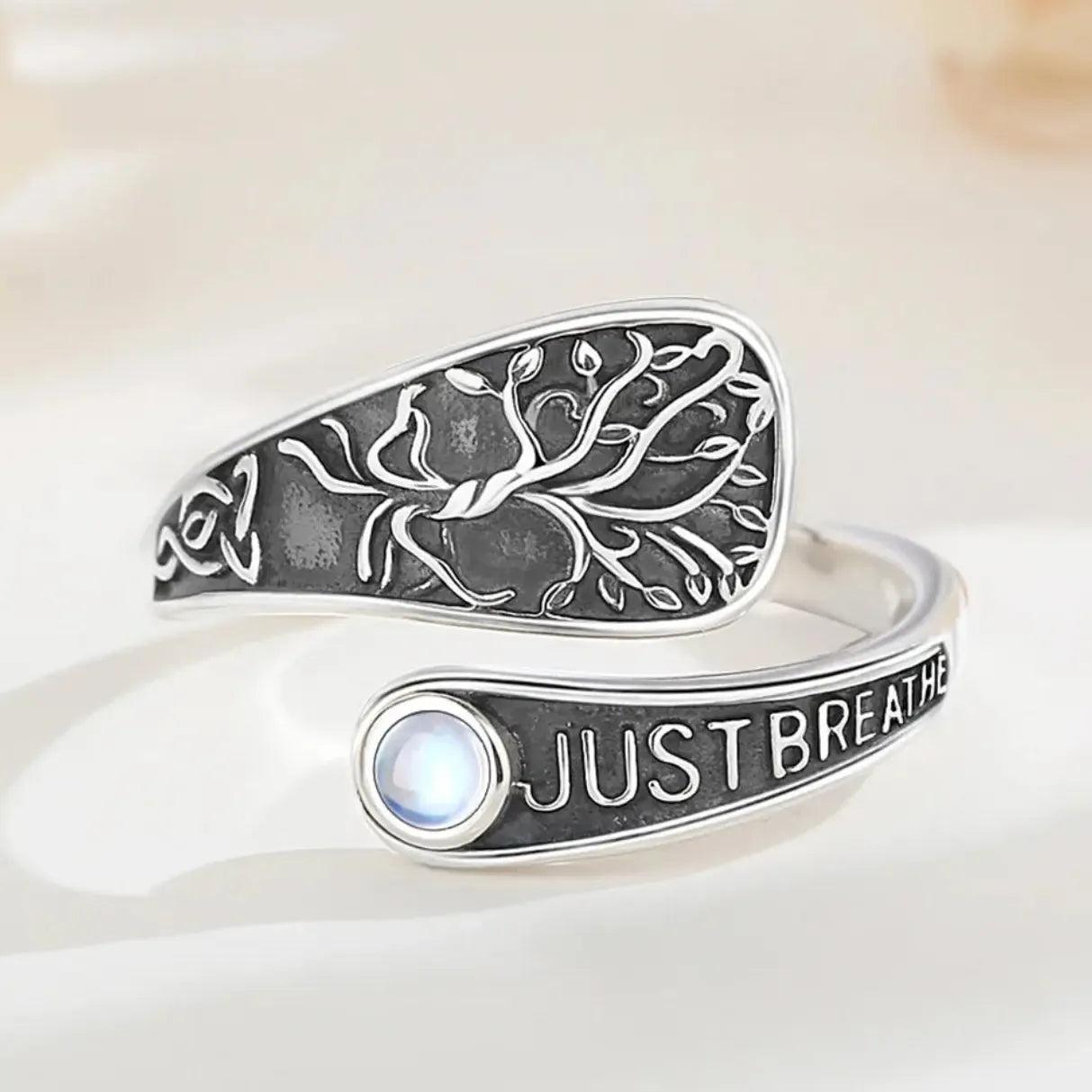925 Sterling Silver Pagan Tree of Life Adjustable Ring Moonstone Just Breathe Ring Spiritual Jewelry-MoonChildWorld