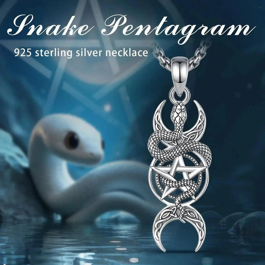 925 Sterling Silver Snake Pentagram Necklace Triple Moon Pendant Wicca Pagan Jewelry-MoonChildWorld