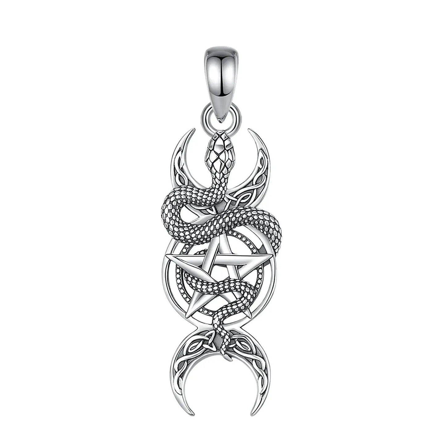 925 Sterling Silver Snake Pentagram Necklace Triple Moon Pendant Wicca Pagan Jewelry-MoonChildWorld
