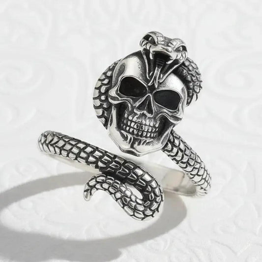 925 Sterling Silver Snake Skull Adjustable Ring Gothic Cobra Ring Pagan Jewelry-MoonChildWorld