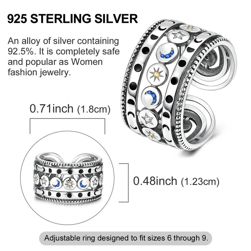 925 Sterling Silver Sun Moon and Stars Open Ring - Magic Moon Phase Wicca Pagan Jewelry-MoonChildWorld