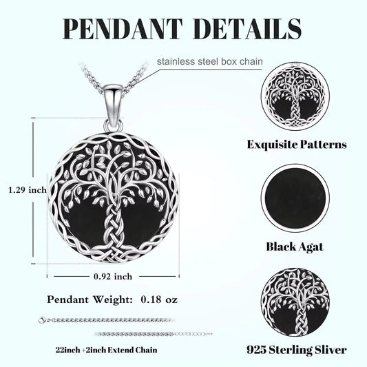 925 Sterling Silver Tree of Life Necklace Black Agate Celtic Knot Pagan Jewelry-MoonChildWorld