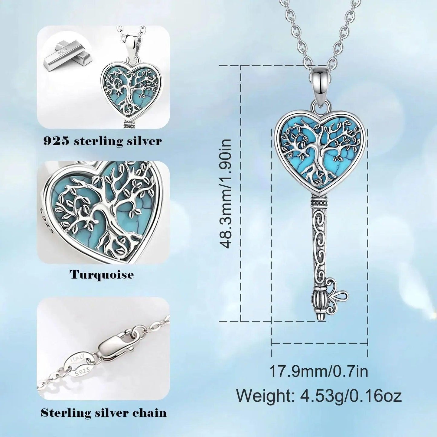 925 Sterling Silver Tree of Life Necklace Turquoise Yggdrasil Key Pendant Pagan Jewelry-MoonChildWorld
