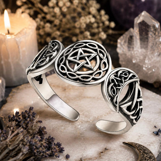 925 Sterling Silver Triple Moon Goddess Pentagram Ring Celtic Knot Adjustable Ring Wicca Pagan Jewelry-MoonChildWorld