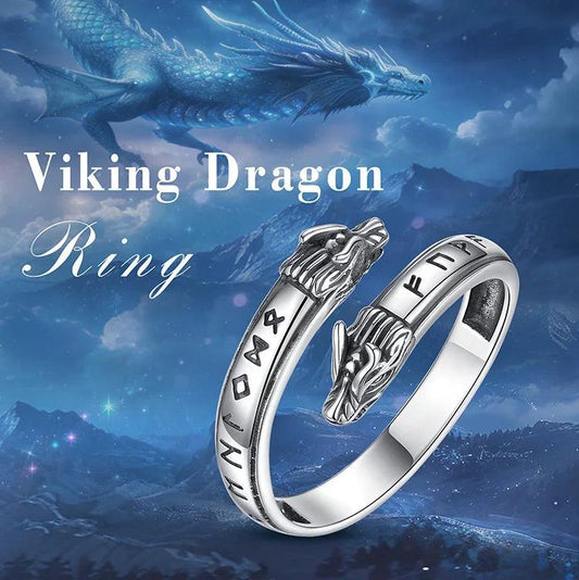 925 Sterling Silver Viking Dragon Adjustable Ring Norse Rune Dragon Head Ring Pagan Jewelry Gift-MoonChildWorld