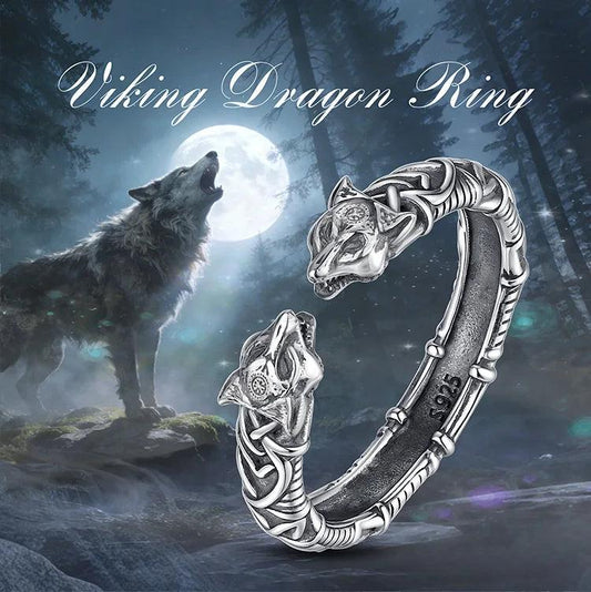 925 Sterling Silver Viking Wolf Adjustable Ring Norse Rune Compass Celtic Knot Ring Pagan Jewelry Gift-MoonChildWorld
