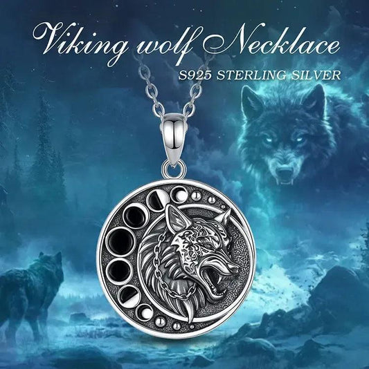 925 Sterling Silver Viking Wolf Necklace Celestial Moon Phase Triquetra Wicca Jewelry-MoonChildWorld