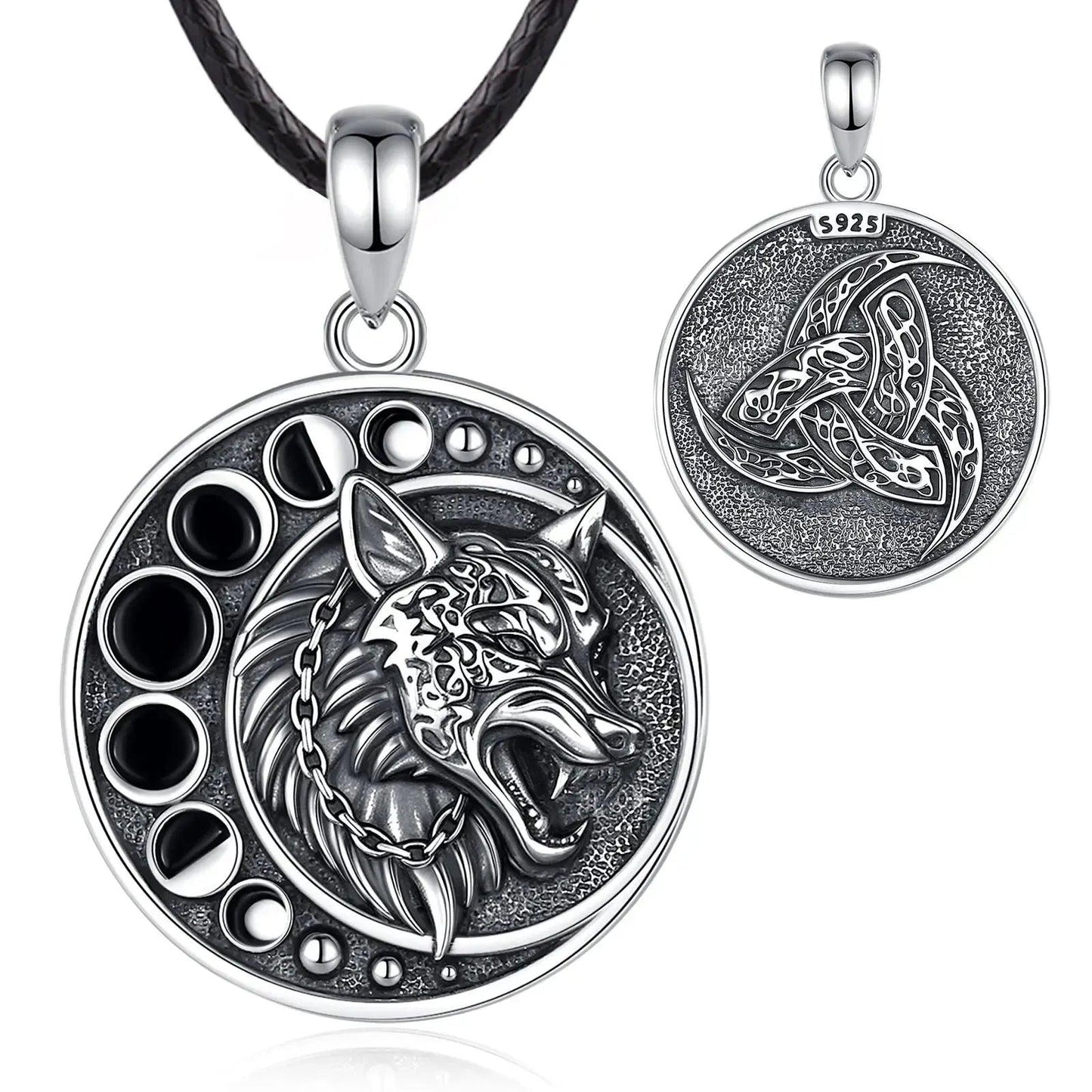 925 Sterling Silver Viking Wolf Necklace Celestial Moon Phase Triquetra Wicca Jewelry-MoonChildWorld