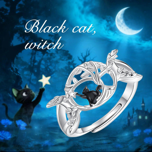925 Sterling Silver Wicca Triple Moon Ring Black Cat Ring Witchy Jewelry-MoonChildWorld