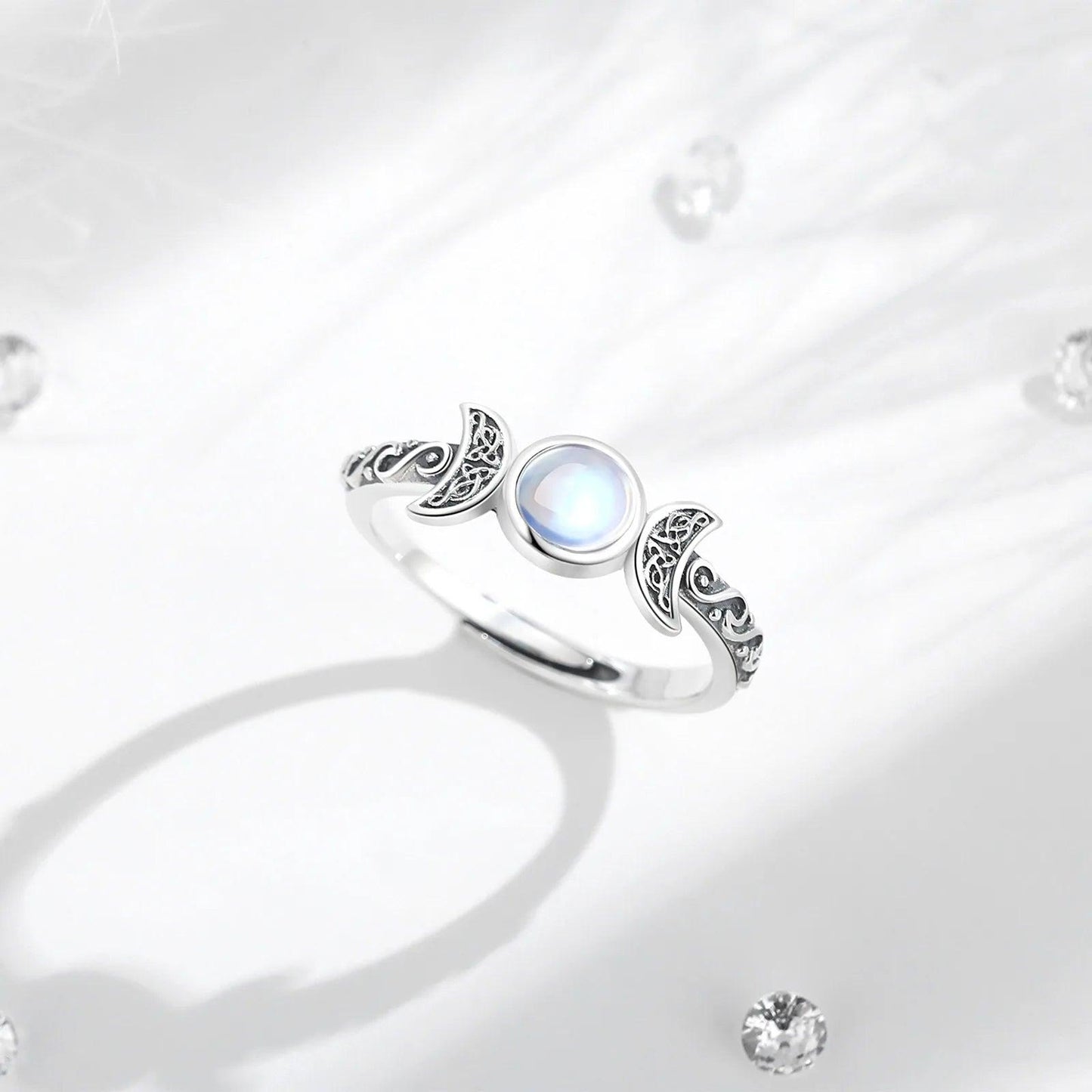 925 Sterling Silver Wicca Triple Moon Ring Moonstone Adjustable Rings Witchcraft Jewelry-MoonChildWorld