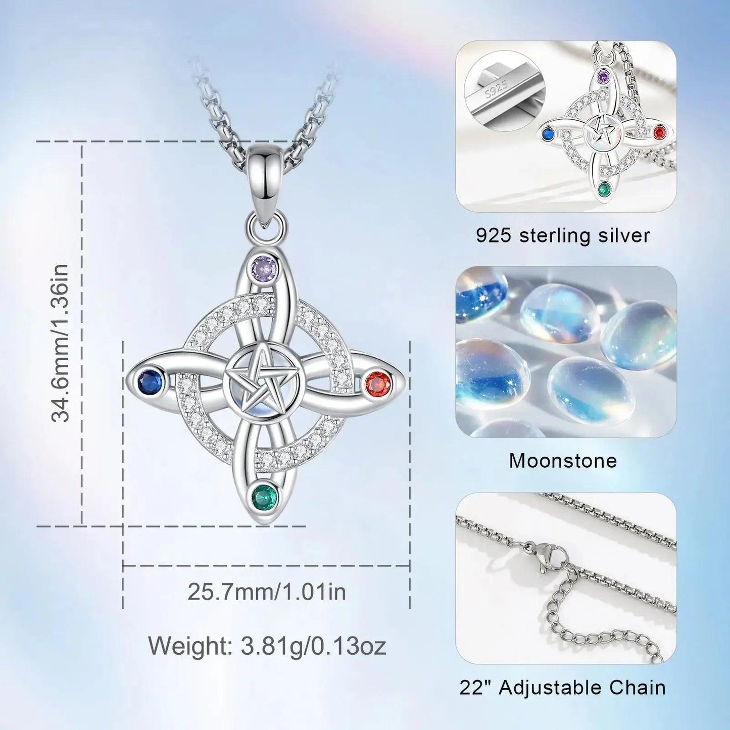 925 Witches Knot Necklace Moonstone Pentagram Amulet Pendant Wicca Spiritual Jewelry-MoonChildWorld