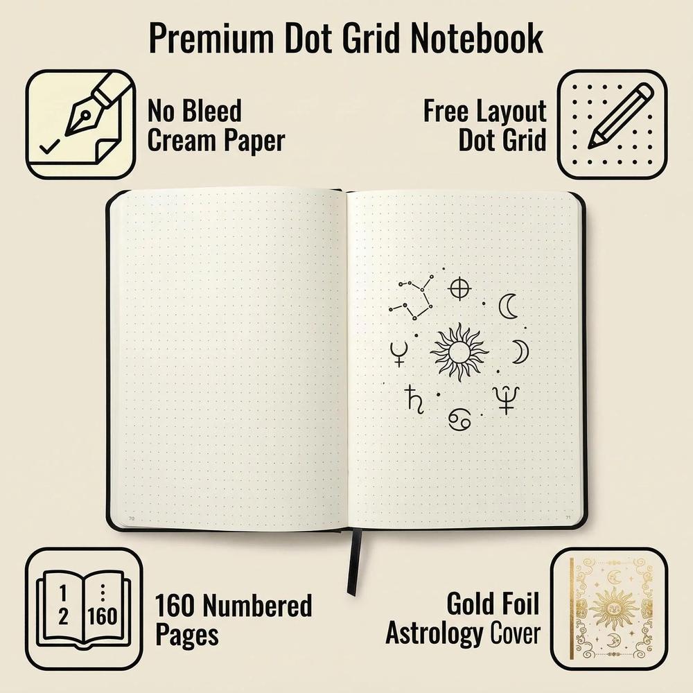 A5 Dot Grid Notebook Celestial Sun and Moon Hardcover Journal for Wiccan Pagan-MoonChildWorld