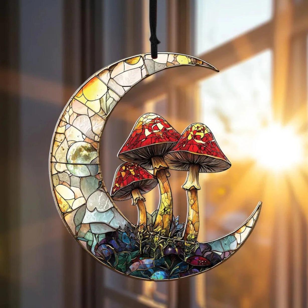 Acrylic Crescent Moon & Mushroom Suncatcher Window Hanging Ornament-MoonChildWorld