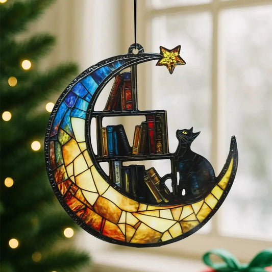 Acrylic Suncatcher Crescent Moon Black Cat Window Hanging Ornament for Christmas-MoonChildWorld