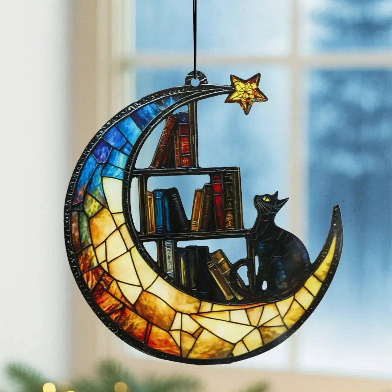 Acrylic Suncatcher Crescent Moon Black Cat Window Hanging Ornament for Christmas-MoonChildWorld
