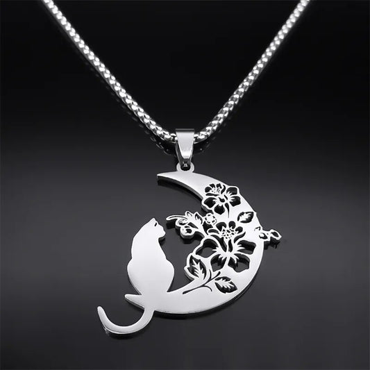 Aesthetic Flower Cat Moon Necklace-MoonChildWorld