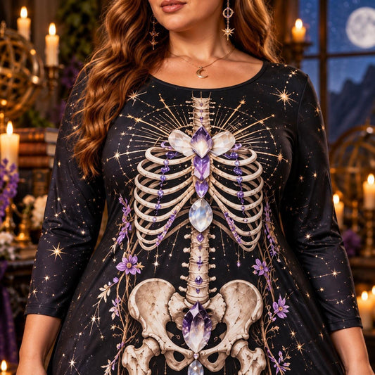 Amethyst Skeleton Plus Size Witch Dress โ Celestial Long Sleeve Maxi โ close up of the printed artwork