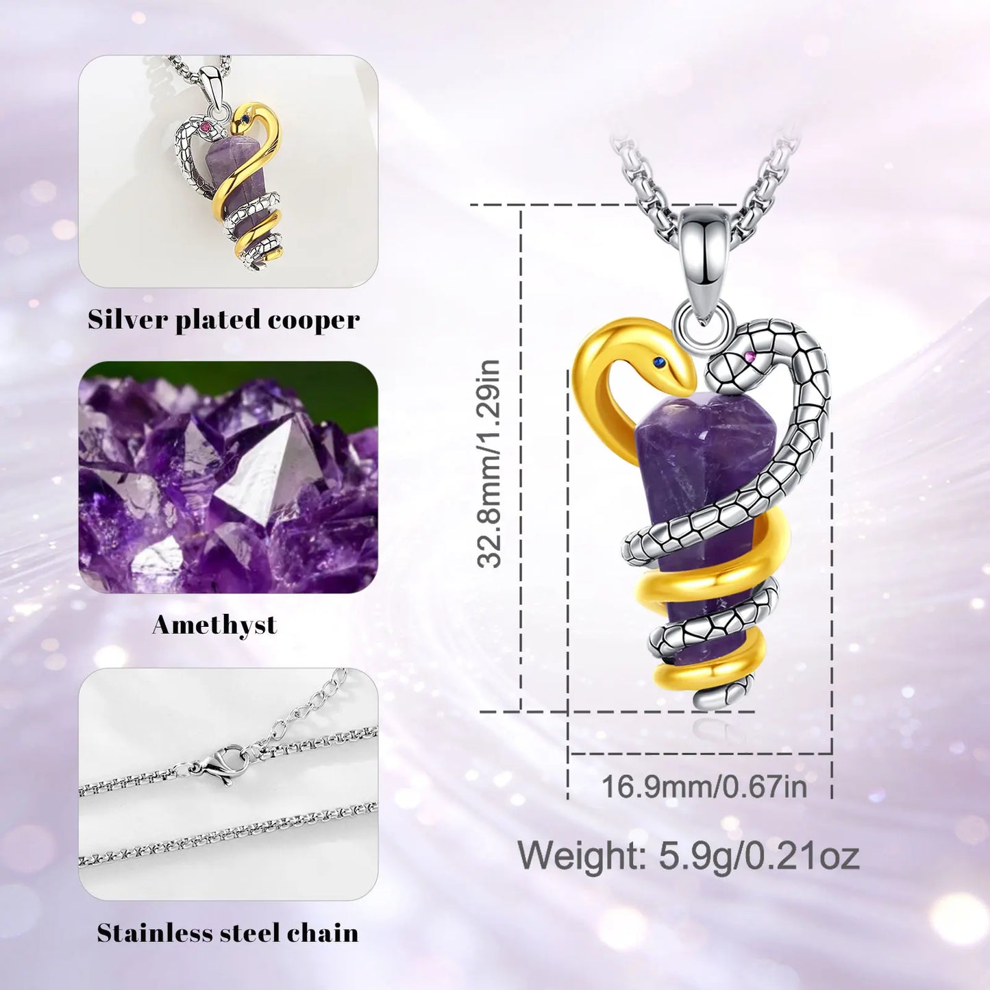 Amethyst Snake Necklace Energy Healing Crystal Stone Witchy Necklace Pagan Jewelry Spiritual Gift for Witch-MoonChildWorld