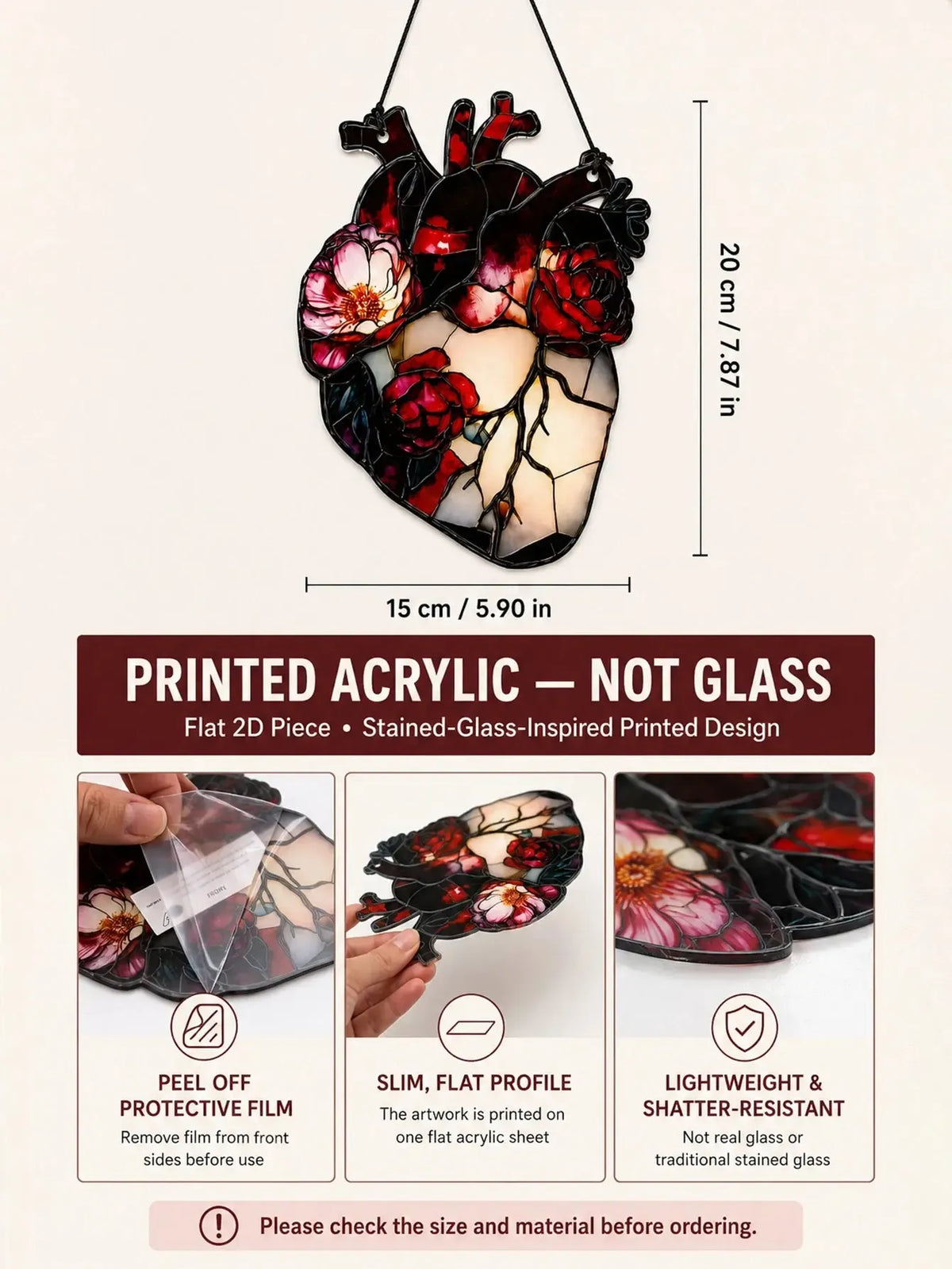 Size reference for the anatomical heart and rose suncatcher