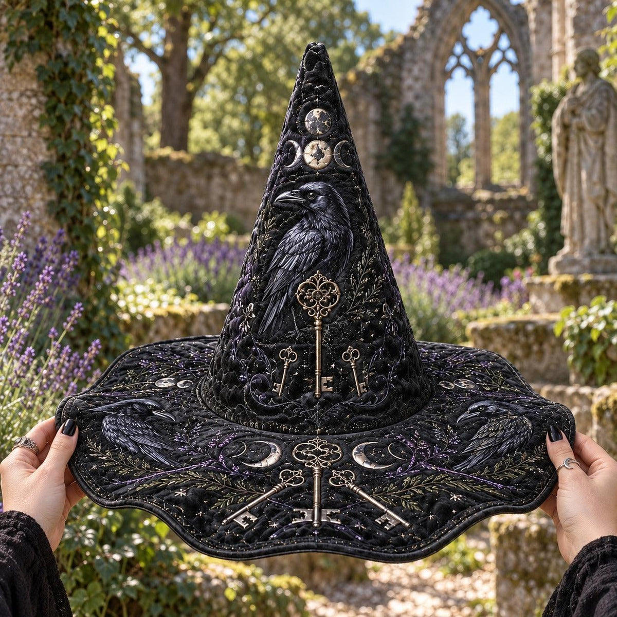 Ancestor Key Witch Hat held by witch hands outdoors in natural sunlight
