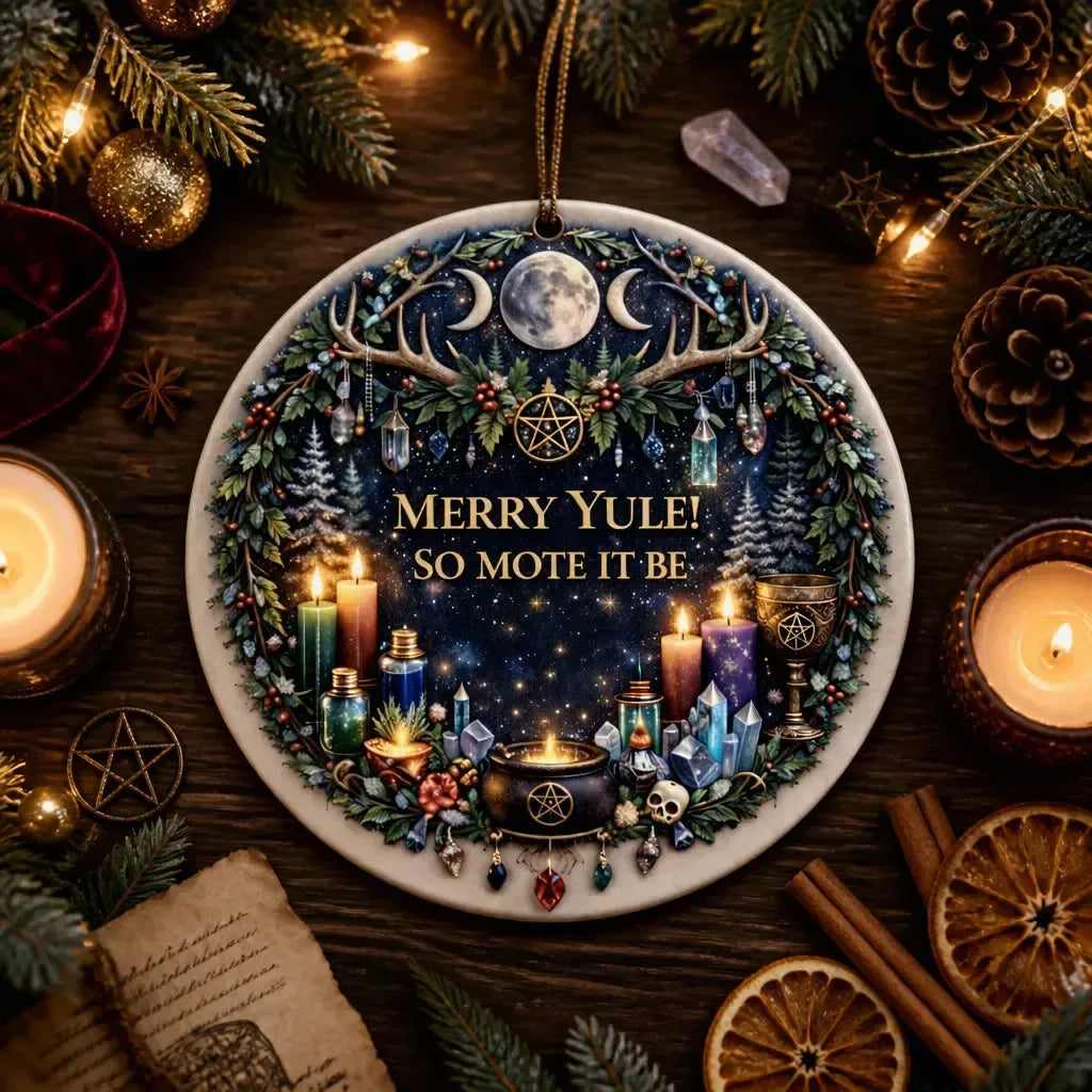 Wicca and Pagan Yule Ceramic Ornament – Witchy Christmas Decoration_mockup_3.webp