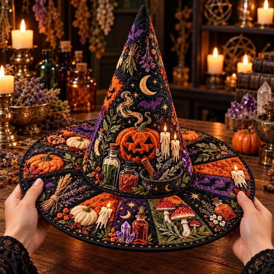 Apothecary Quilted Witch Hat – Samhain Pumpkin Potion Wide Brim Hat – held in both hands
