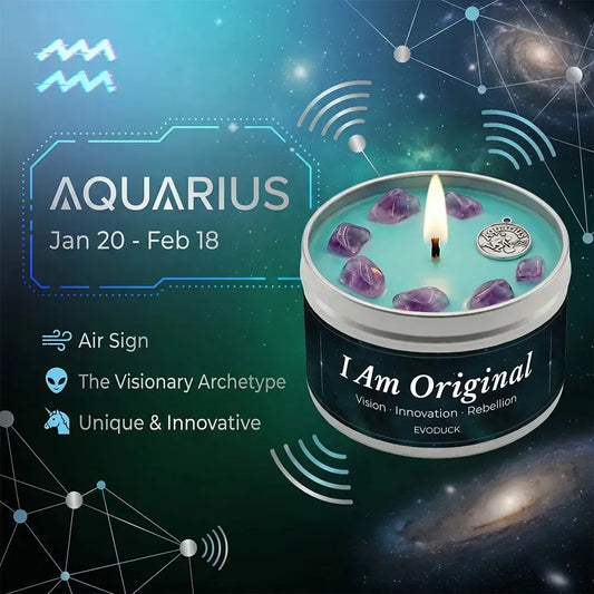 Aquarius Zodiac Candle, Jan 20 to Feb 18, with amethyst crystals in wax - Air Sign, The Visionary Archetype, Unique and Innovative
