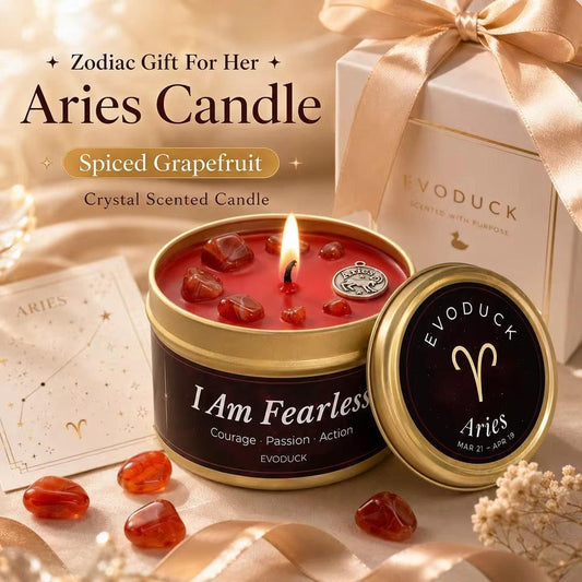 Aries Zodiac Candle Spiced Grapefruit gift box with ribbon, carnelian crystals and a constellation chart - I Am Fearless, Courage Passion Action