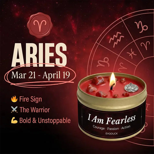Aries Zodiac Candle, Mar 21 to April 19, with zodiac wheel background - Fire Sign, The Warrior, Bold and Unstoppable, I Am Fearless