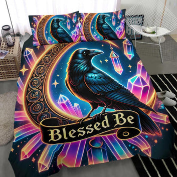 Blessed Be Moon Witchy Raven Wicca Bedding Set Gothic Crow Bedding Set-MoonChildWorld