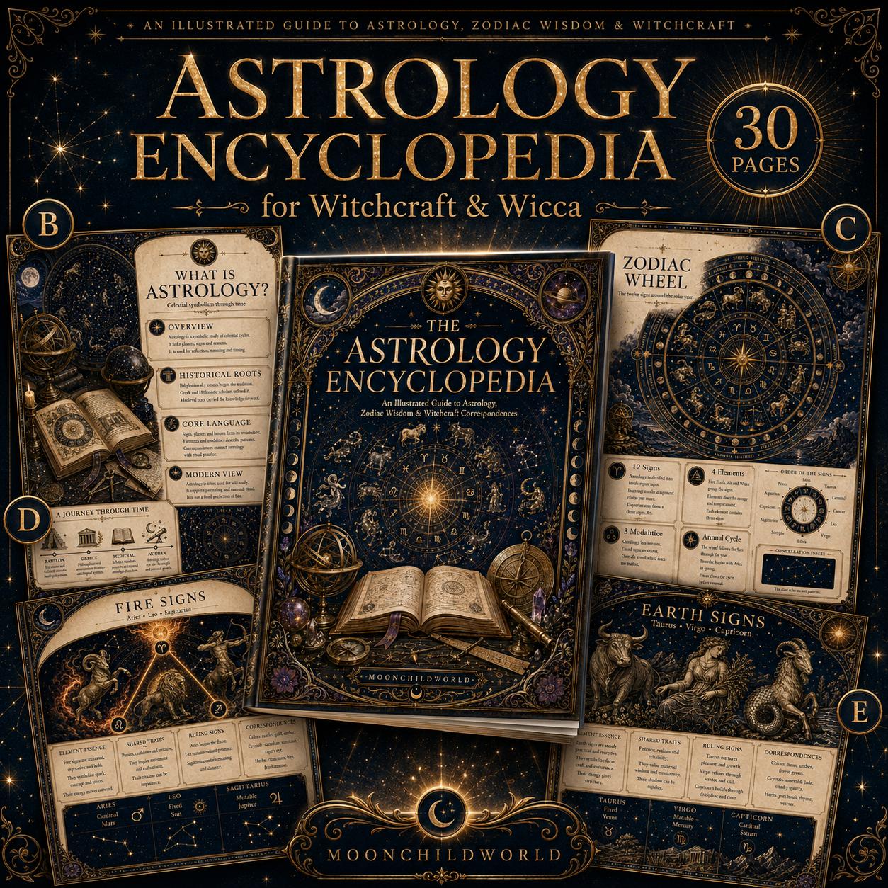 Astrology encyclopedia pages with antique gold and midnight blue celestial illustrations, zodiac signs, and planetary charts.