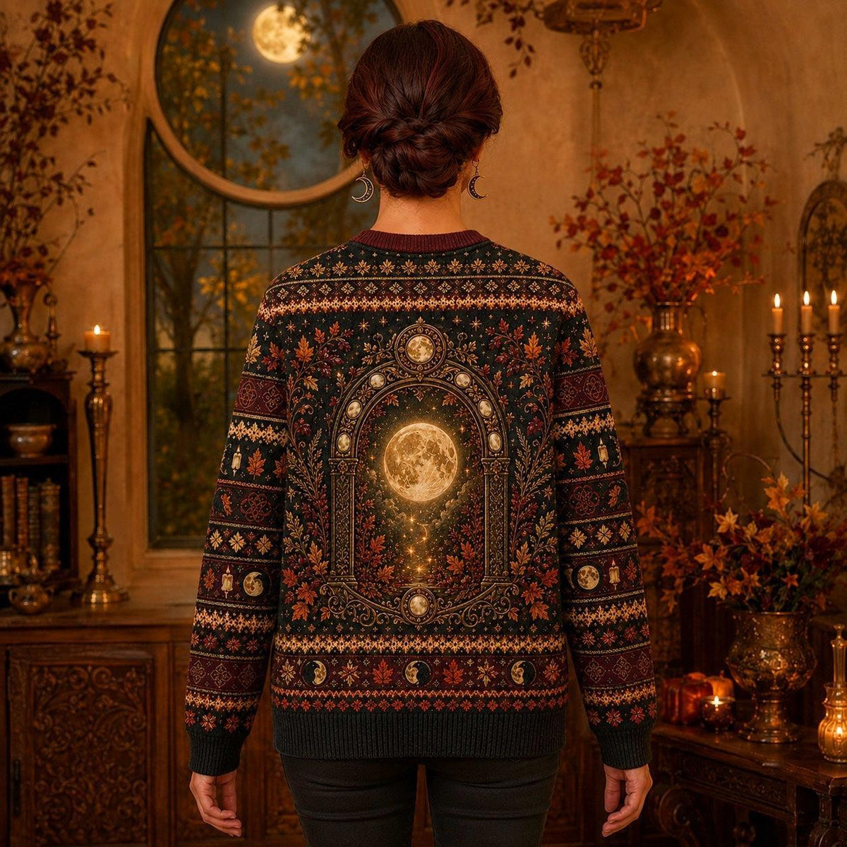 Autumn Arch Sweater Raven Harvest Moon Rust Gothic Knit worn, back view