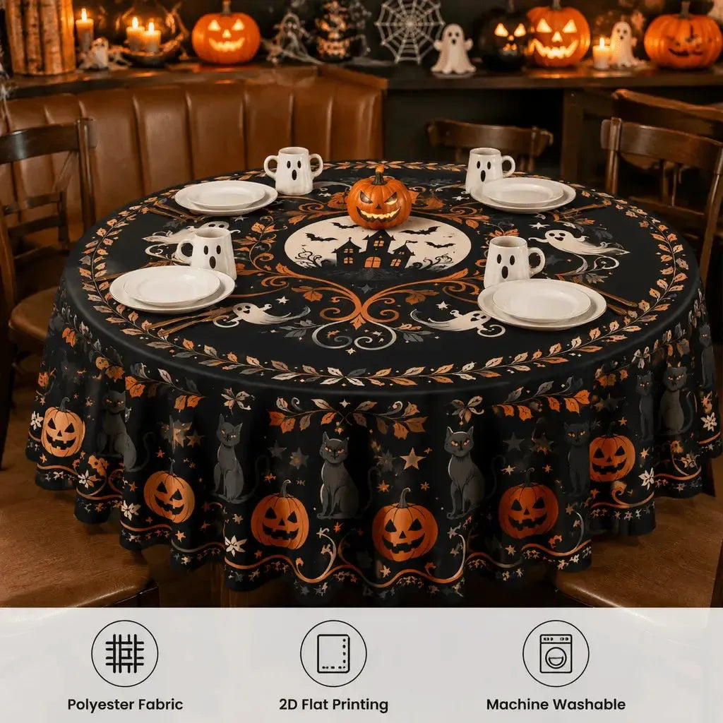 Autumn Halloween Round Tablecloth Witchy Polyester Table Cover-MoonChildWorld
