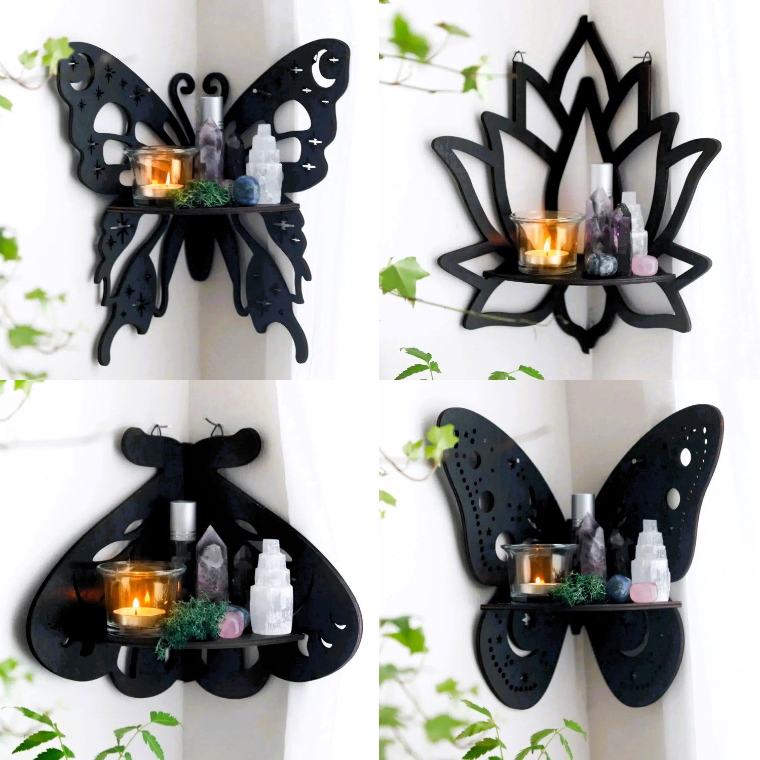 Crystal Wall Shelf Wooden Butterfly Lotus Moth Crystal Hanging Shelf-MoonChildWorld