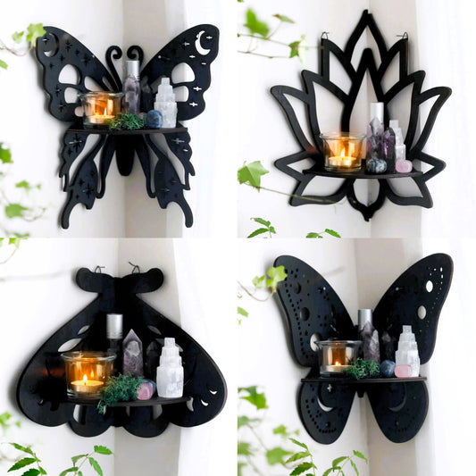 Crystal Wall Shelf Wooden Butterfly Lotus Moth Crystal Hanging Shelf-MoonChildWorld