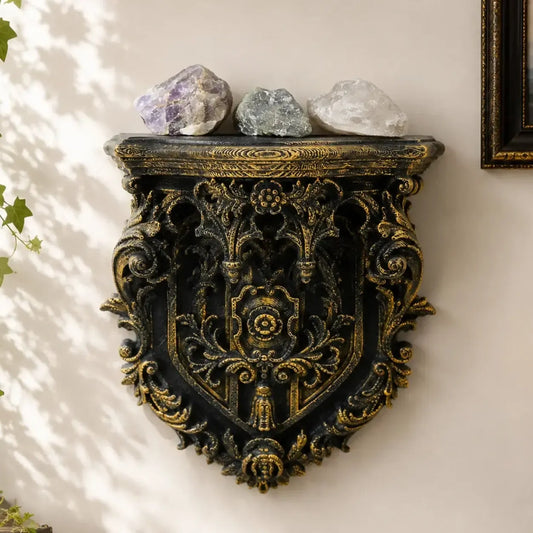 European shield wall shelf – crystal candle display detail