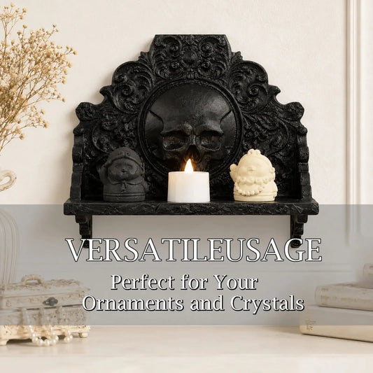 Baroque skull shelf – ornate carved scrollwork detail close-up