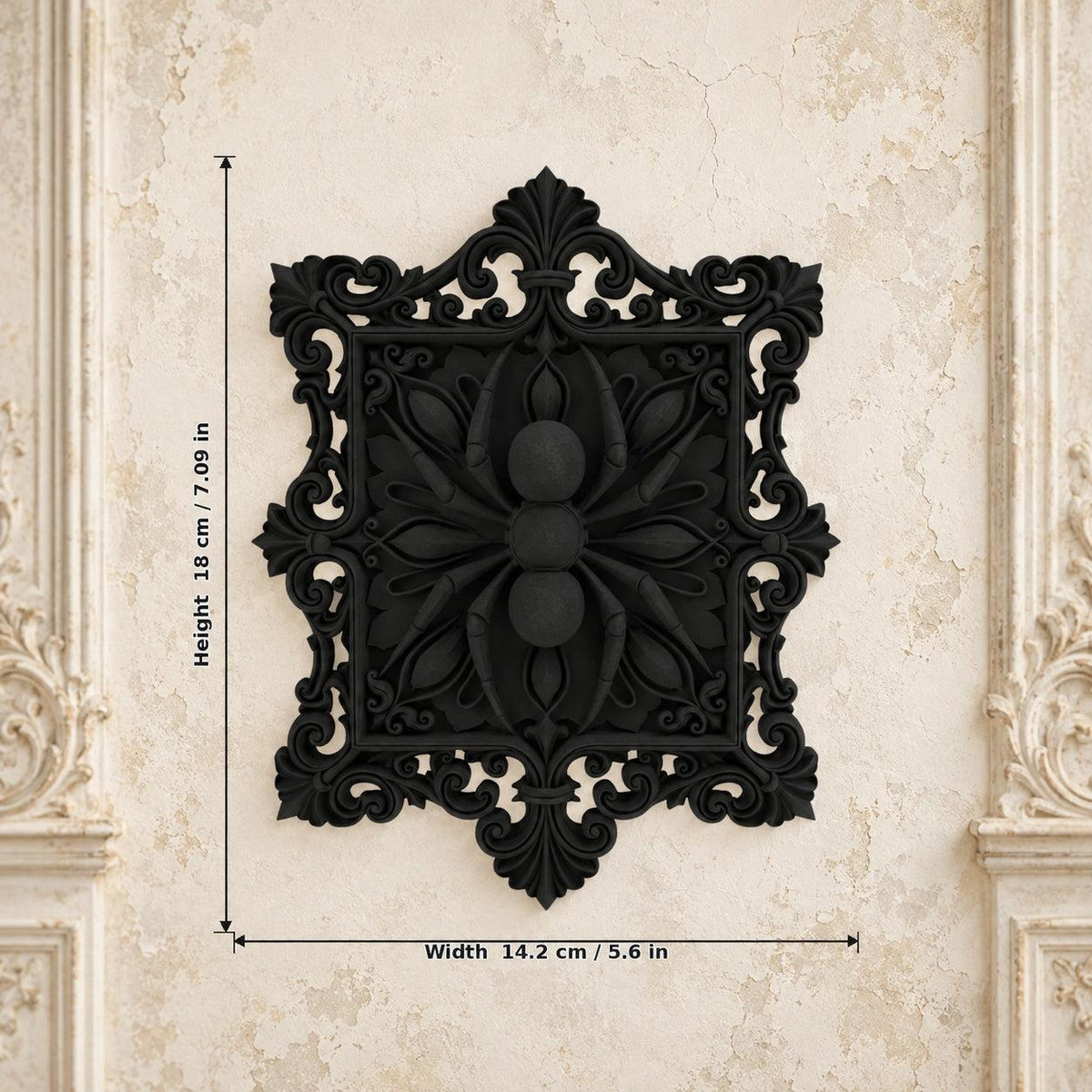 Baroque Spider Filigree Square Wall Art Plaque on a bright vintage gothic wall, size reference.