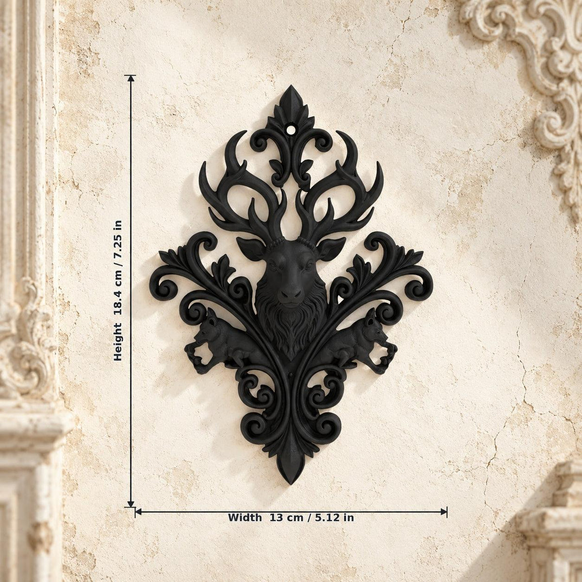 Baroque Stag & Wolf Ornate Wall Plaque on a bright vintage gothic wall, size reference.