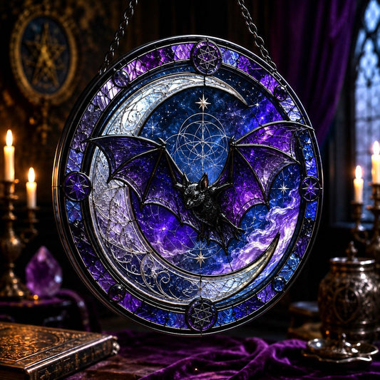 Bat Crescent Moon Glass Suncatcher - hanging view